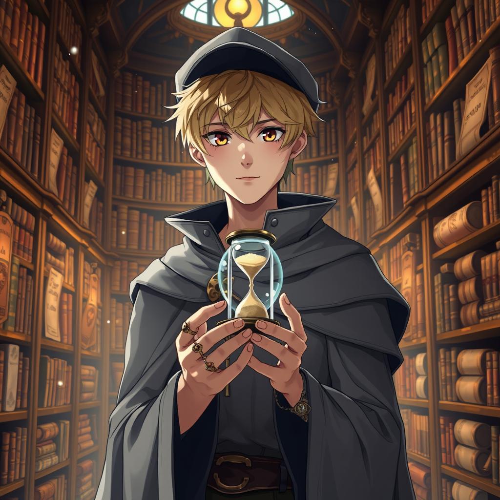 A 25-year-old male mage with short blonde hair and brown eyes, standing in a grand library filled with shelves of ancient books and scrolls