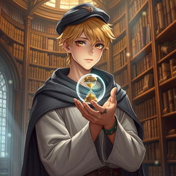 A 25-year-old male mage with short blonde hair and brown eyes, standing in a grand library filled with shelves of ancient books and scrolls