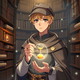 A 25-year-old male mage with short blonde hair and brown eyes, standing in a grand library filled with shelves of ancient books and scrolls