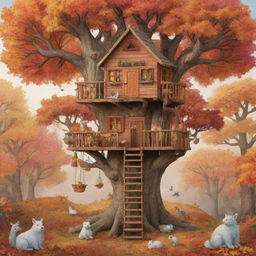 A cozy treehouse nestled among playful animals and colorful, autumnal trees.