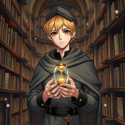 A 25-year-old male mage with short blonde hair and brown eyes, standing in a grand library filled with shelves of ancient books and scrolls