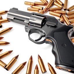 A high-quality full image featuring a detailed representation of a gun alongside an arrangement of bullets