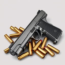 A high-quality full image featuring a detailed representation of a gun alongside an arrangement of bullets