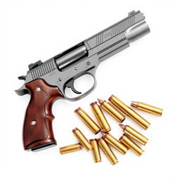 A high-quality full image featuring a detailed representation of a gun alongside an arrangement of bullets