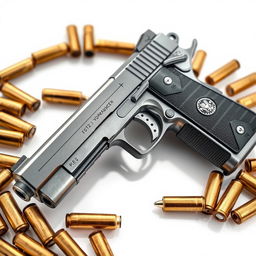 A high-quality full image featuring a detailed representation of a gun alongside an arrangement of bullets