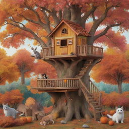 A cozy treehouse nestled among playful animals and colorful, autumnal trees.