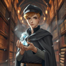 A 25-year-old male mage with short blonde hair and brown eyes, standing in a grand library filled with towering shelves of ancient tomes and scrolls