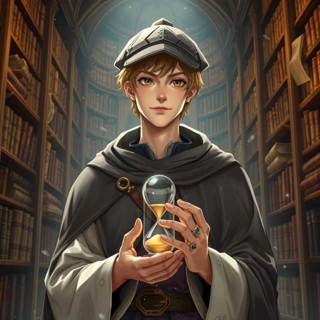 A 25-year-old male mage with short blonde hair and brown eyes, standing in a grand library filled with towering shelves of ancient tomes and scrolls