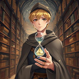 A 25-year-old male mage with short blonde hair and brown eyes, standing in a grand library filled with towering shelves of ancient tomes and scrolls