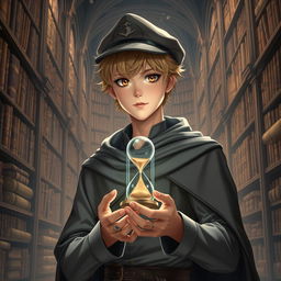 A 25-year-old male mage with short blonde hair and brown eyes, standing in a grand library filled with towering shelves of ancient tomes and scrolls