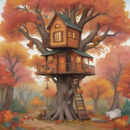 A cozy treehouse nestled among playful animals and colorful, autumnal trees.