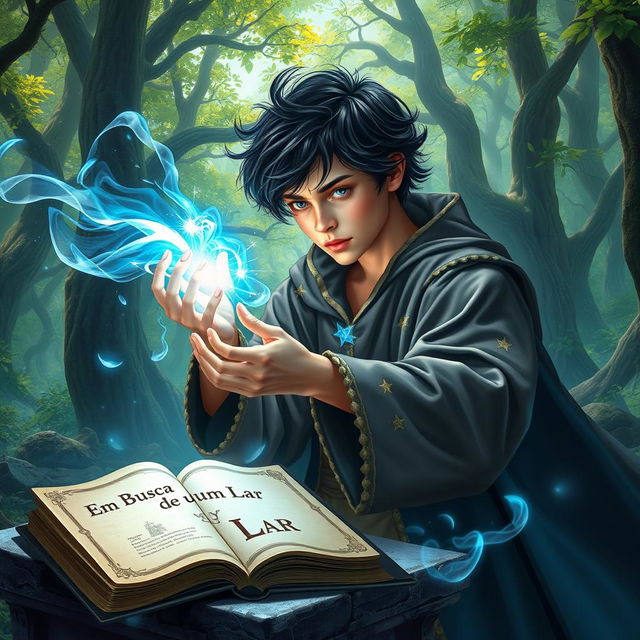 A young wizard skillfully manipulating bright blue energy