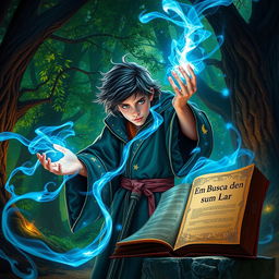 A young wizard skillfully manipulating bright blue energy