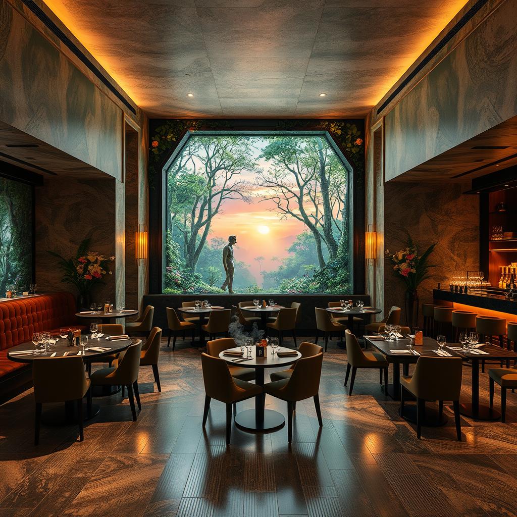 A stunning interior design of a restaurant named Floravia, located in a basement with an enchanting garden theme that is surreal and filled with magic