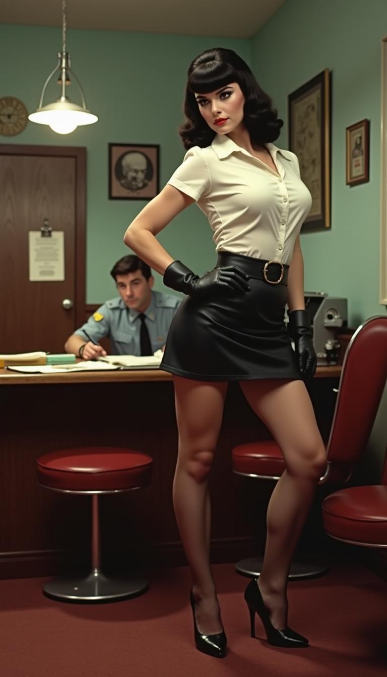 Bettie Page as a secret agent, wearing opera leather gloves, a black tight leather skirt, a crisp white blouse, and fashionable stiletto boots