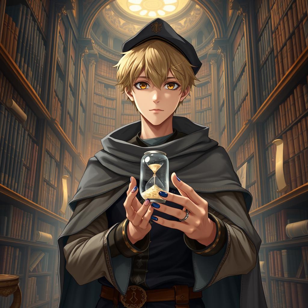 A 25-year-old male mage with short blonde hair and brown eyes, standing in a majestic library filled with ancient books and scrolls