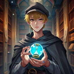 A 25-year-old male mage with short blonde hair and brown eyes, standing in a majestic library filled with ancient books and scrolls