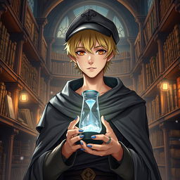 A 25-year-old male mage with short blonde hair and brown eyes, standing in a majestic library filled with ancient books and scrolls