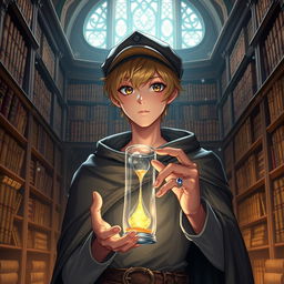 A 25-year-old male mage with short blonde hair and brown eyes, standing in a majestic library filled with ancient books and scrolls