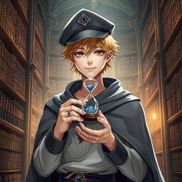 A 25-year-old male mage with short blonde hair and brown eyes, standing confidently in a grand library filled with tall, ornate bookshelves brimming with ancient texts