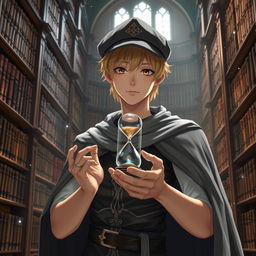 A 25-year-old male mage with short blonde hair and brown eyes, standing confidently in a grand library filled with tall, ornate bookshelves brimming with ancient texts