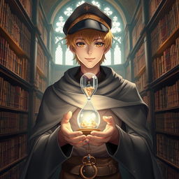 A 25-year-old male mage with short blonde hair and brown eyes, standing confidently in a grand library filled with tall, ornate bookshelves brimming with ancient texts