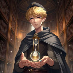 A 25-year-old male mage with short blonde hair and brown eyes, standing confidently in a grand library filled with tall, ornate bookshelves brimming with ancient texts