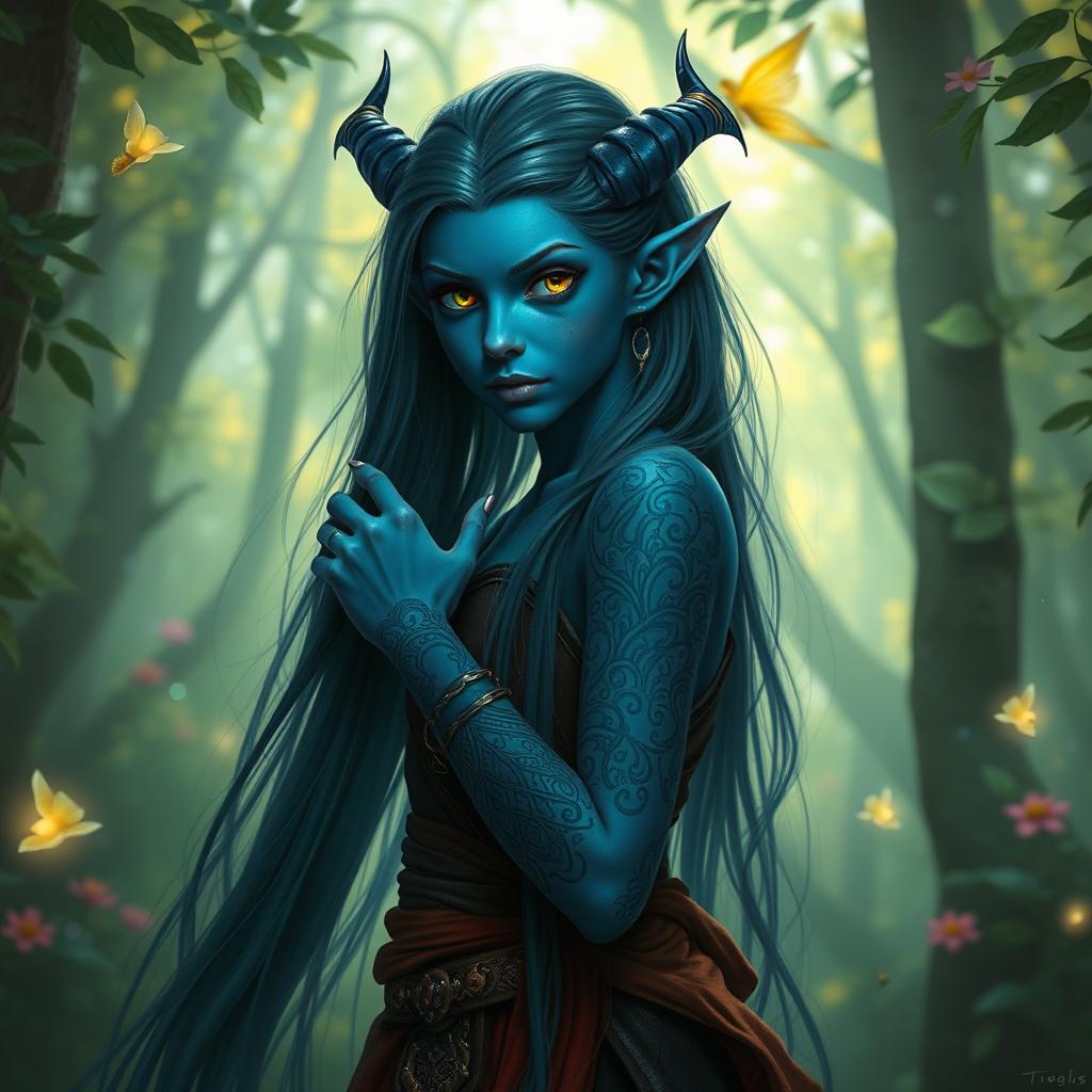 A young blue-skinned tiefling with long, flowing hair, elegantly posing in a mystical forest setting