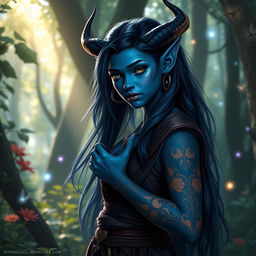 A young blue-skinned tiefling with long, flowing hair, elegantly posing in a mystical forest setting