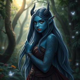 A young blue-skinned tiefling with long, flowing hair, elegantly posing in a mystical forest setting