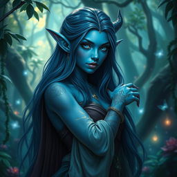 A young blue-skinned tiefling with long, flowing hair, elegantly posing in a mystical forest setting