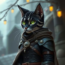 A female tabaxi resembling a housecat, characterized by sleek black fur adorned with striking grey stripes in a classic tabby pattern