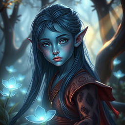 A young blue-skinned tiefling with long, thin hair, portrayed in a captivating fantasy scene