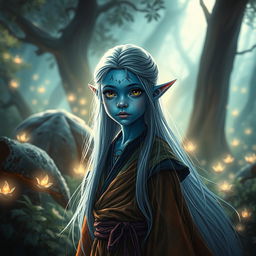 A young blue-skinned tiefling with long, thin hair, portrayed in a captivating fantasy scene