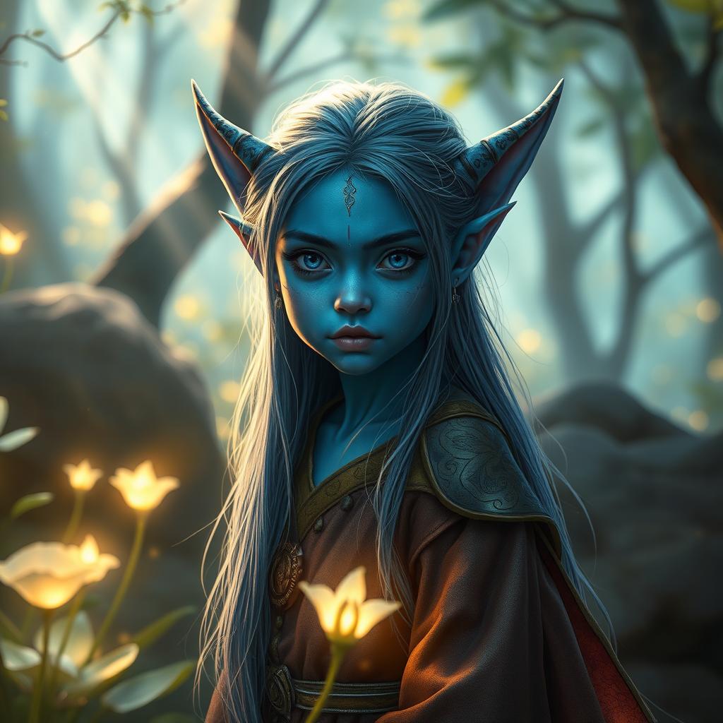 A young blue-skinned tiefling with long, thin hair, portrayed in a captivating fantasy scene