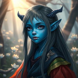 A young blue-skinned tiefling with long, thin hair, portrayed in a captivating fantasy scene