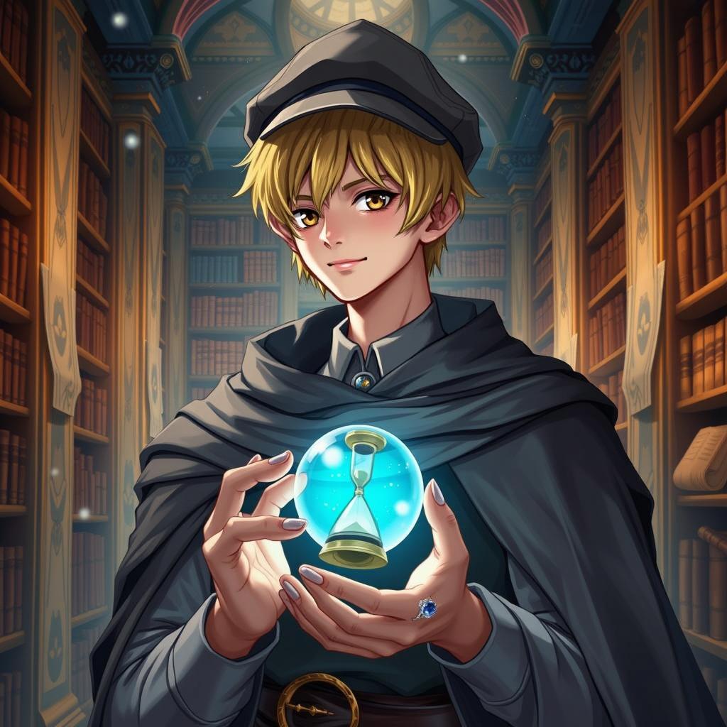 A young male mage, approximately 25 years old, with short blonde hair and expressive brown eyes