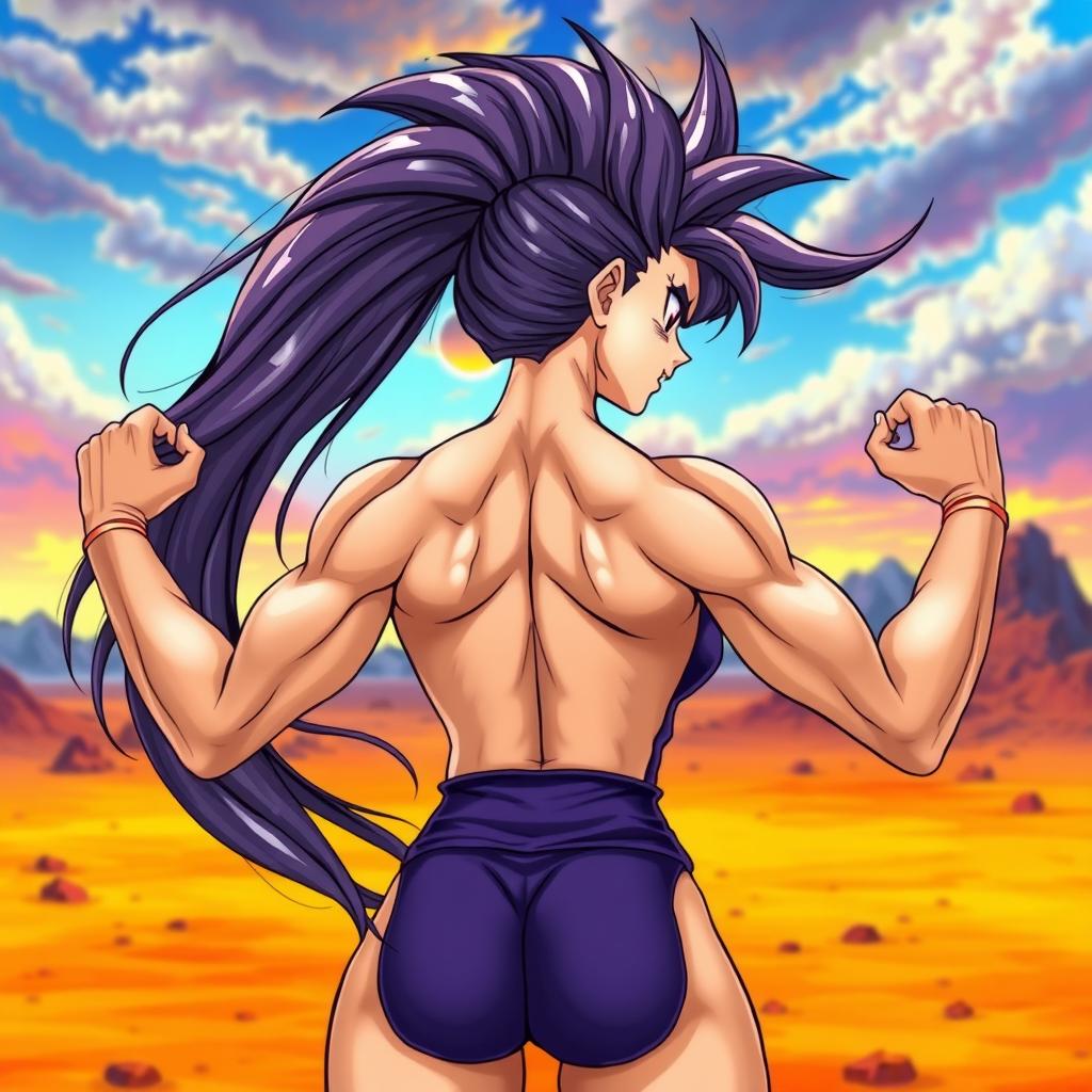 A ripped, muscular female Saiyan in an empowered pose, facing away