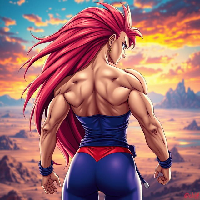 A ripped, muscular female Saiyan in an empowered pose, facing away