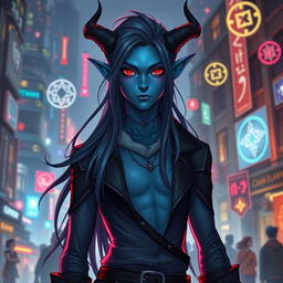 A young adult, slender blue-skinned tiefling with an air of confidence, standing in an urban fantasy setting