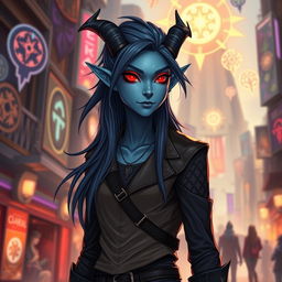 A young adult, slender blue-skinned tiefling with an air of confidence, standing in an urban fantasy setting