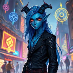 A young adult, slender blue-skinned tiefling with an air of confidence, standing in an urban fantasy setting