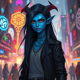 A young adult, slender blue-skinned tiefling with an air of confidence, standing in an urban fantasy setting