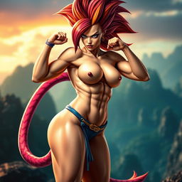 A ripped and muscular female Saiyan with an exotic appearance, featuring a long, flowing Saiyan tail