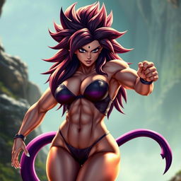 A ripped and muscular female Saiyan with an exotic appearance, featuring a long, flowing Saiyan tail