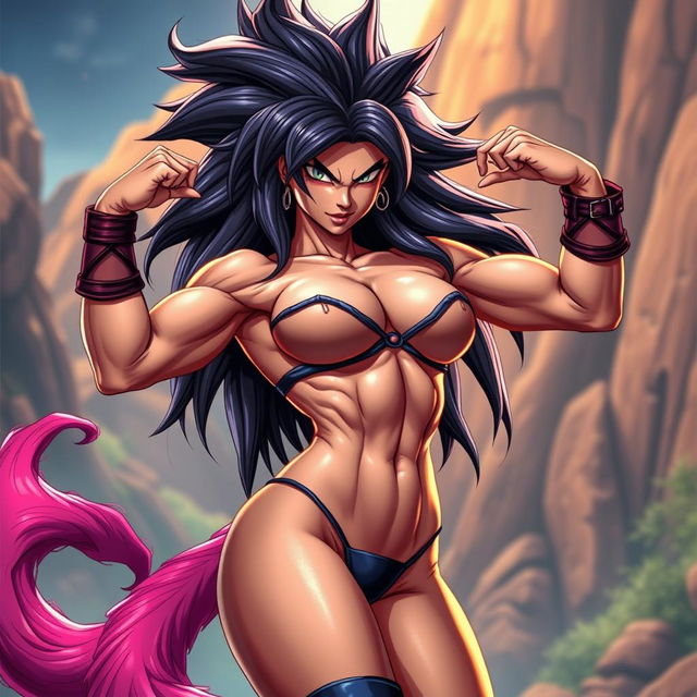 A ripped and muscular female Saiyan with an exotic appearance, featuring a long, flowing Saiyan tail