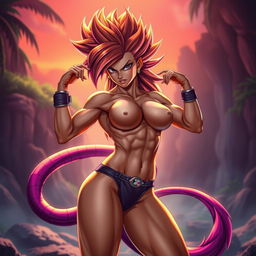 A ripped and muscular female Saiyan with an exotic appearance, featuring a long, flowing Saiyan tail