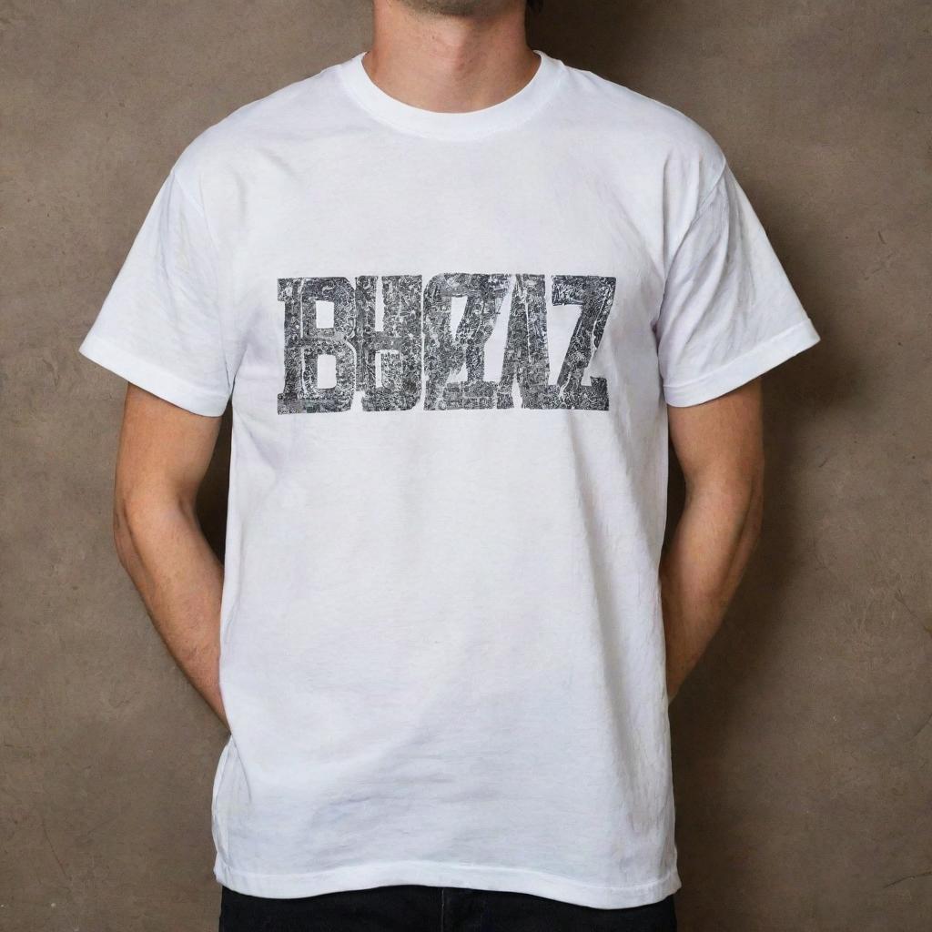 A grungy white t-shirt displaying the text 'B H U L D A Z' with each letter spaced evenly across the front. The shirt is adorned with diverse intricate designs standing out against its dirty texture.