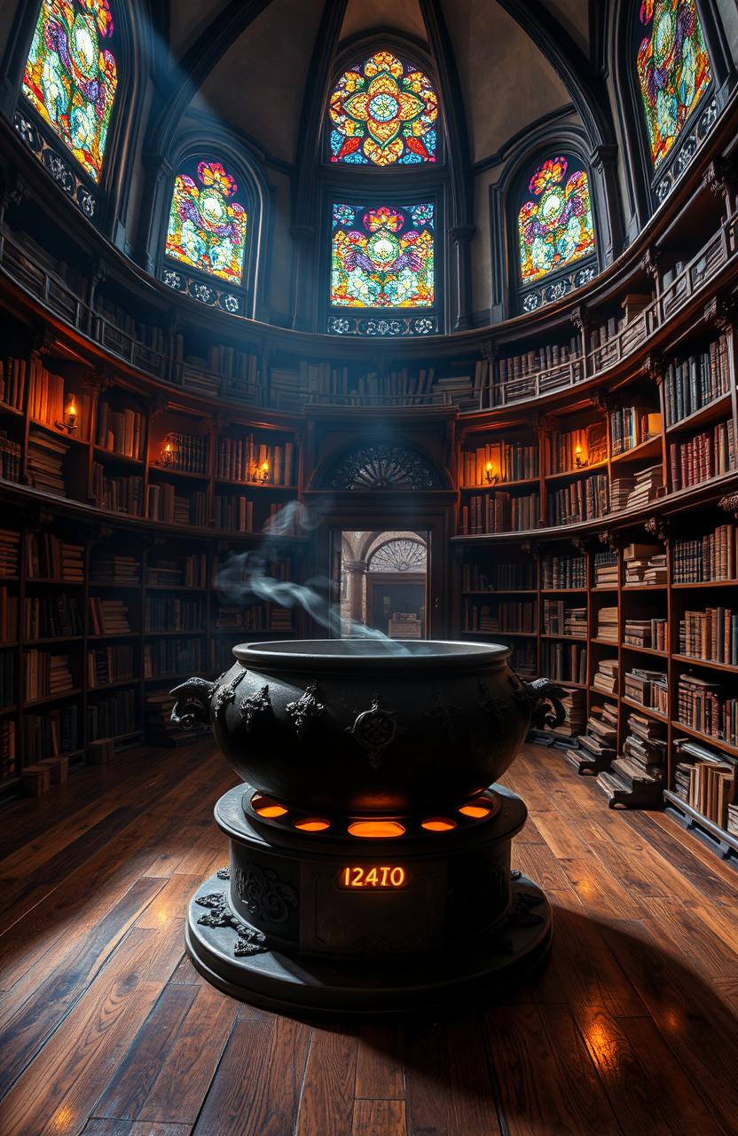 A magical library in Tigua, Ecuador, featuring a large, ornate cauldron at its center