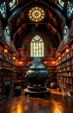 A magical library in Tigua, Ecuador, featuring a large, ornate cauldron at its center